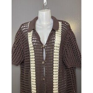 BDG Cardigan Sweater Womens Large Brown Crochet Open Knit Collared Short Sleeve